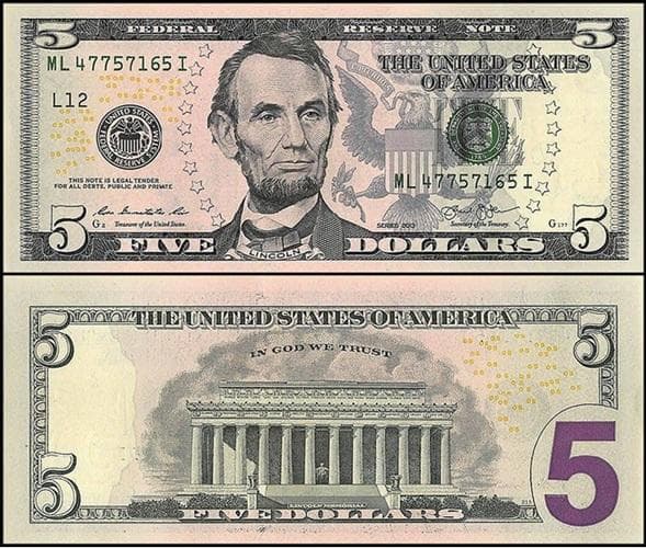 USD 5 Dollar Style Prop Banknotes